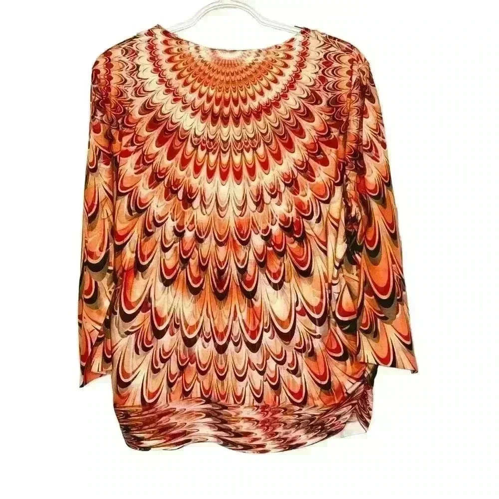 Chicos 3 top v neck 3/4 raglan sleeves rhinestones artsy Made in USA orange - Picture 2 of 6